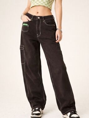 Y2K Brown  Contrast Stitch Jeans Carpenter Style Gyaru Skater Wide
